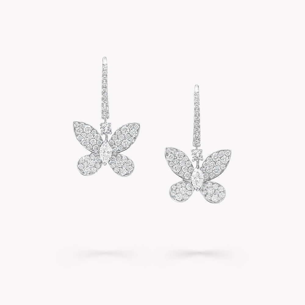 BUTTERFLY SILVER DIAMOND PAVED DROP EARRINGS