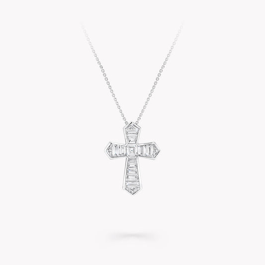 BAGUETTE CUT SILVER DIAMOND CROSS NECKLACE