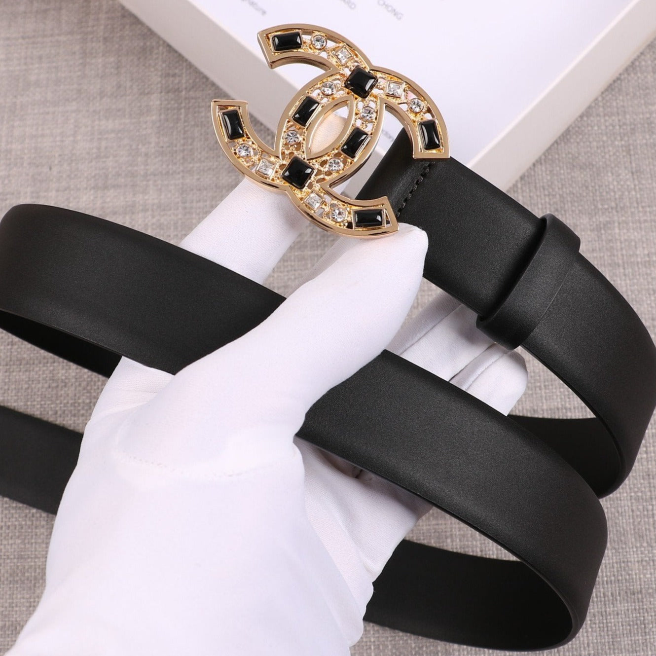 CC WOMEN'S BELT 3.0CM BUCKLE BLACK DIAMOND LEATHER