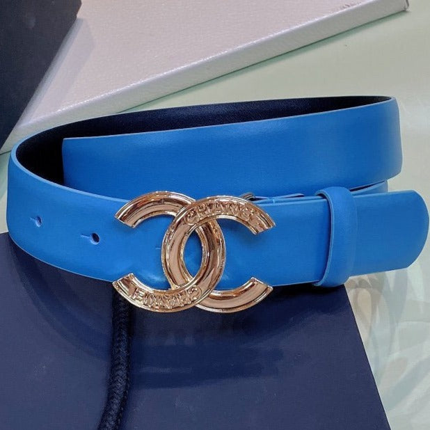 CC WOMEN'S BELT 3.0CM BUCKLE PINK GOLD LEATHER BLUE