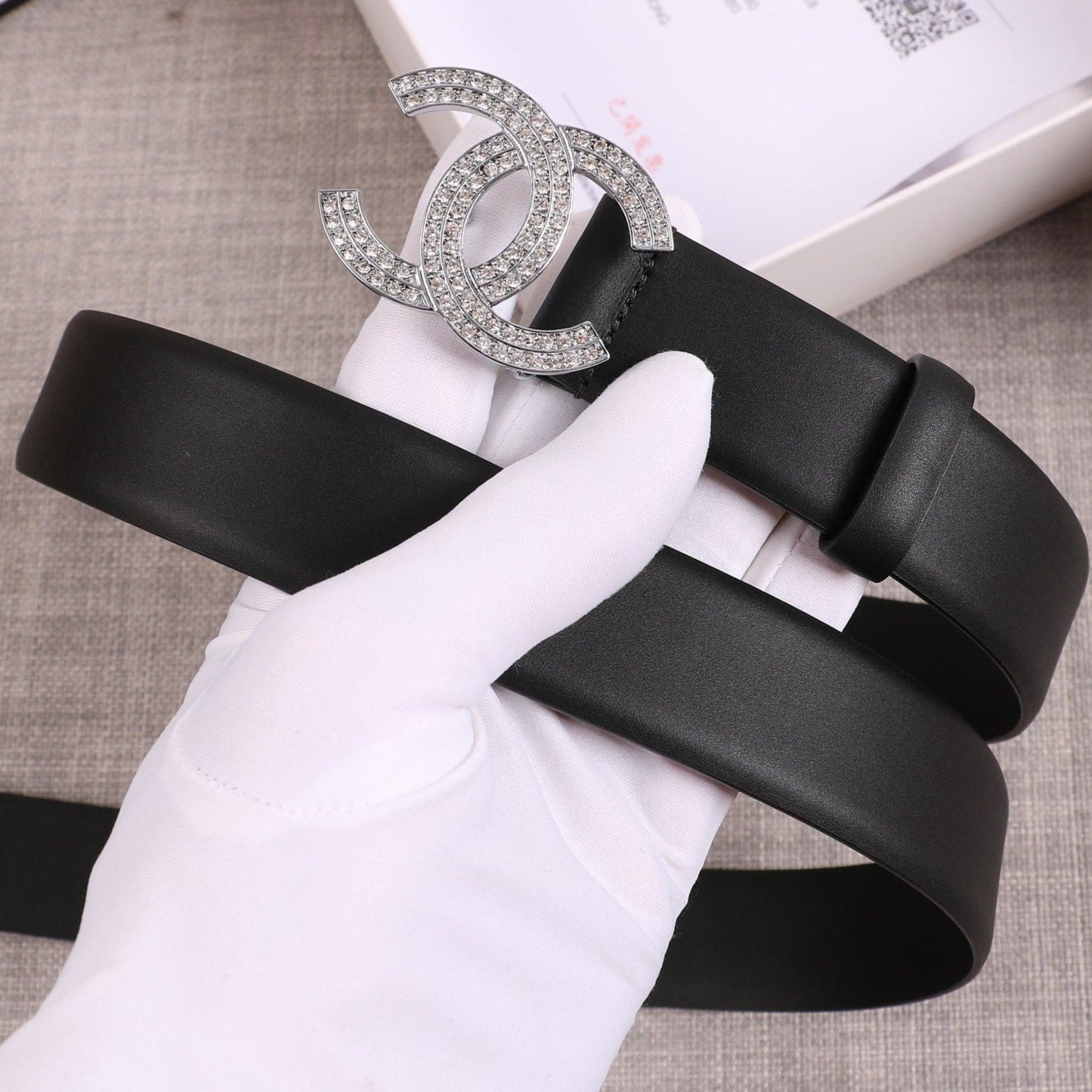 CC WOMEN'S BELT 3.0CM BUCKLE 2 ROW DIAMOND LEATHER BLACK