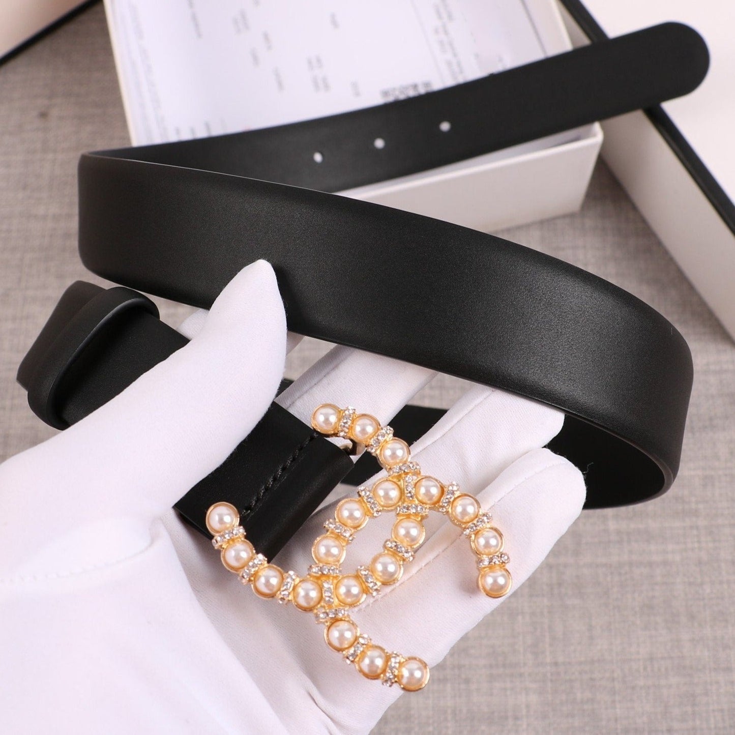 CC WOMEN'S BELT 3.0CM BUCKLE PEARL DIAMOND LEATHER BLACK