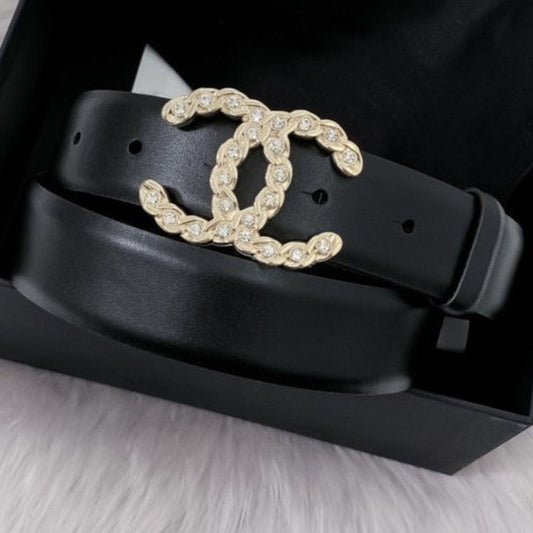 CC WOMEN'S BELT 3.0CM LEATHER BLACK BUCKLE GOLD DIAMOND