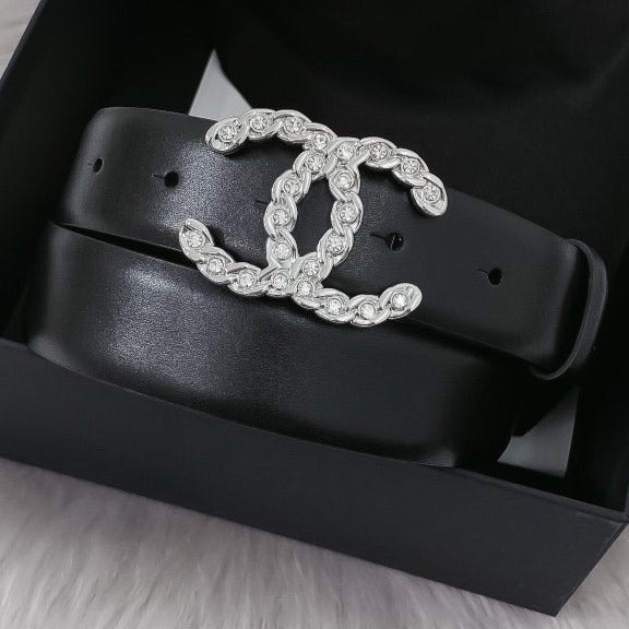 CC WOMEN'S BELT 3.0CM LEATHER BLACK BUCKLE SILVER DIAMOND