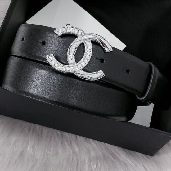 CC WOMEN'S BELT 30MM LEATHER BLACK BUCKLE SILVER DIAMOND CARO