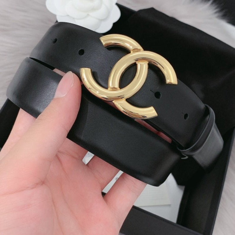 CC WOMEN'S BELT 30MM LEATHER BLACK BUCKLE GOLD CONVEX