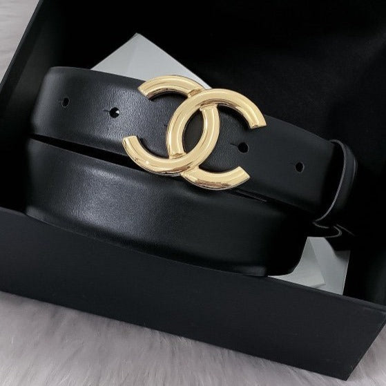 CC WOMEN'S BELT 30MM LEATHER BLACK BUCKLE GOLD CONVEX