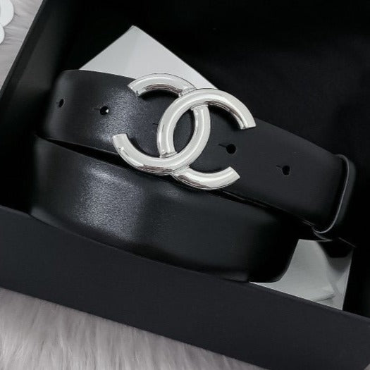 CC WOMEN'S BELT 30MM LEATHER BLACK BUCKLE SILVER CONVEX