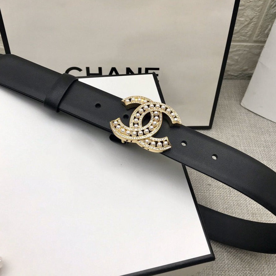 CC WOMEN'S BELT 30MM LEATHER BLACK BUCKLE GOLD PEARL DIAMOND