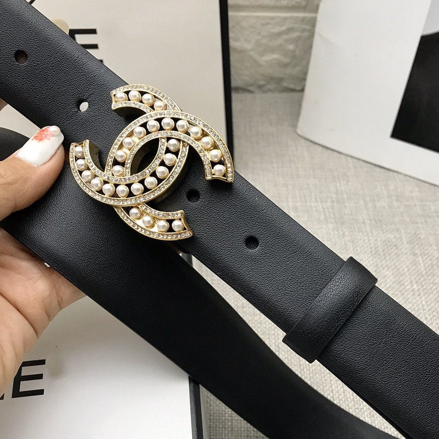 CC WOMEN'S BELT 30MM LEATHER BLACK BUCKLE GOLD PEARL DIAMOND