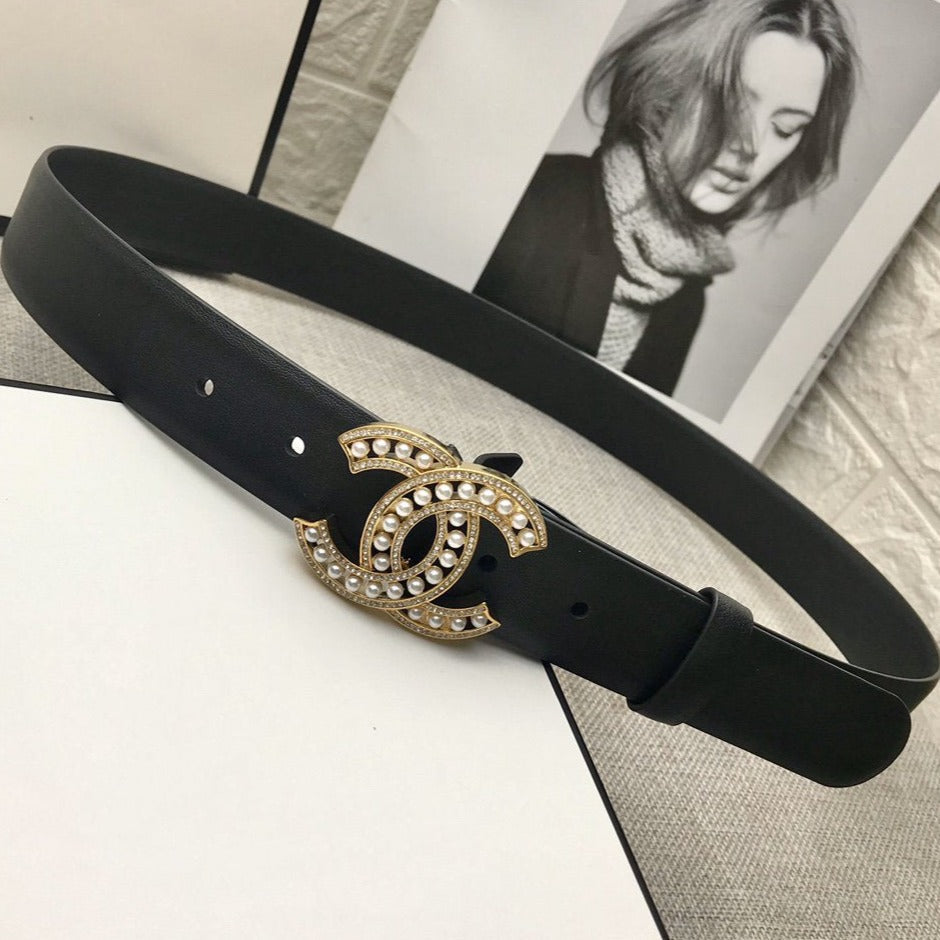 CC WOMEN'S BELT 30MM LEATHER BLACK BUCKLE GOLD PEARL DIAMOND