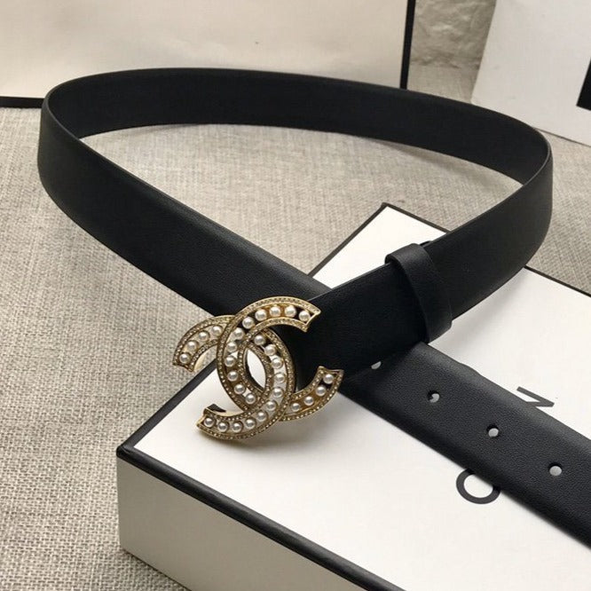 CC WOMEN'S BELT 30MM LEATHER BLACK BUCKLE GOLD PEARL DIAMOND