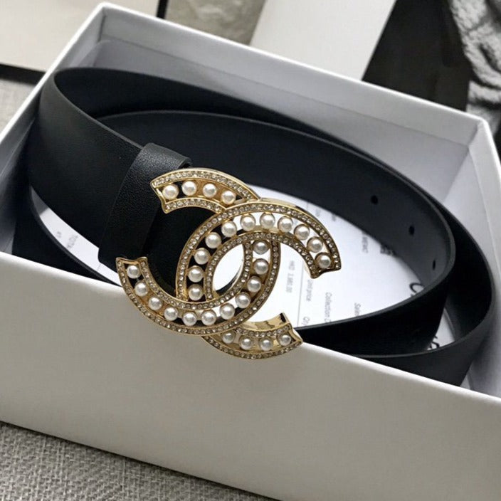 CC WOMEN'S BELT 30MM LEATHER BLACK BUCKLE GOLD PEARL DIAMOND