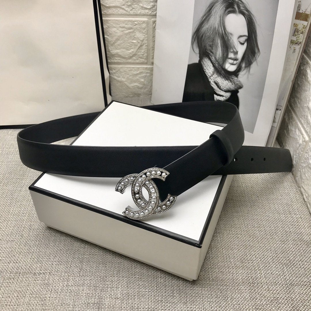 CC WOMEN'S BELT 30MM LEATHER BLACK BUCKLE SILVER PEARL DIAMOND