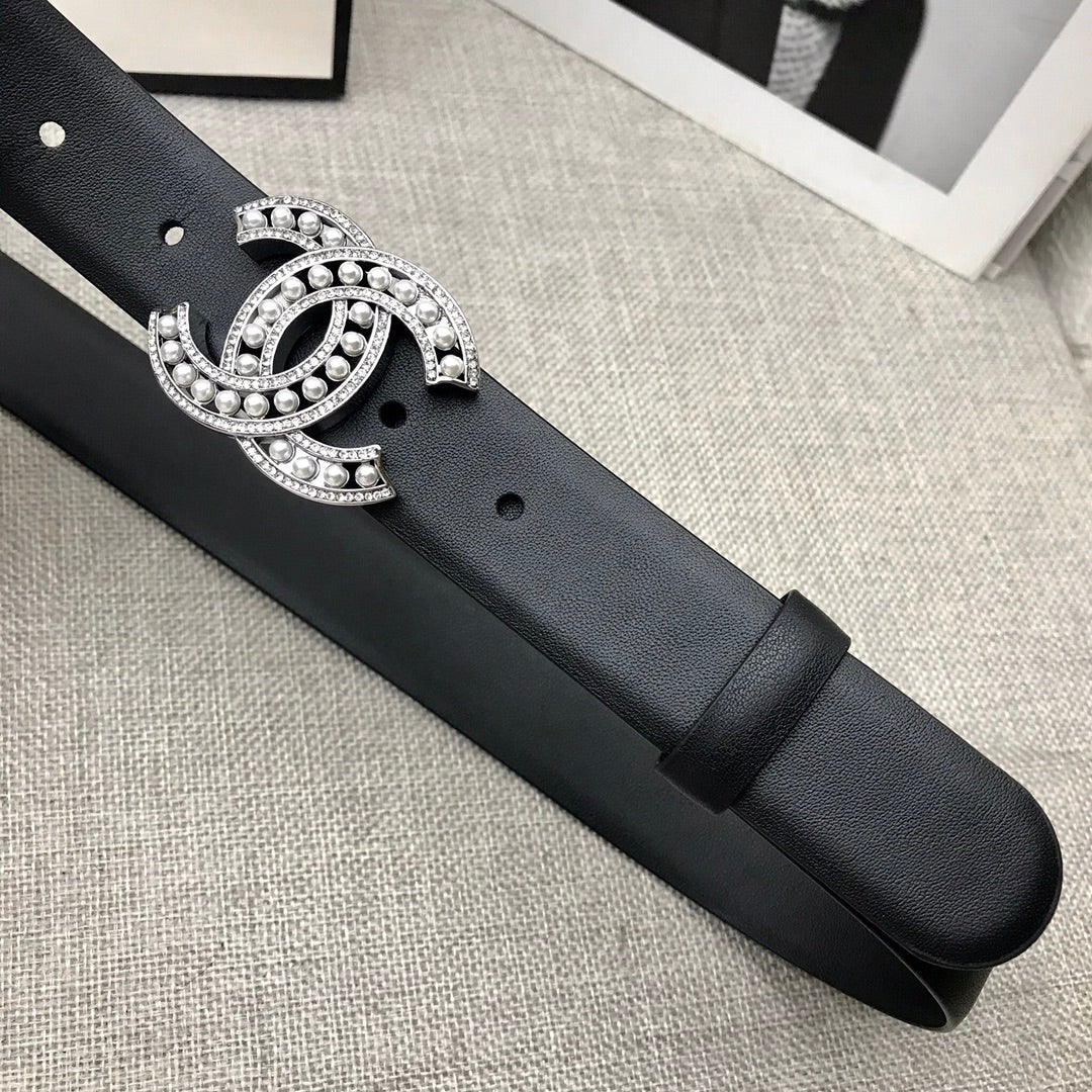 CC WOMEN'S BELT 30MM LEATHER BLACK BUCKLE SILVER PEARL DIAMOND