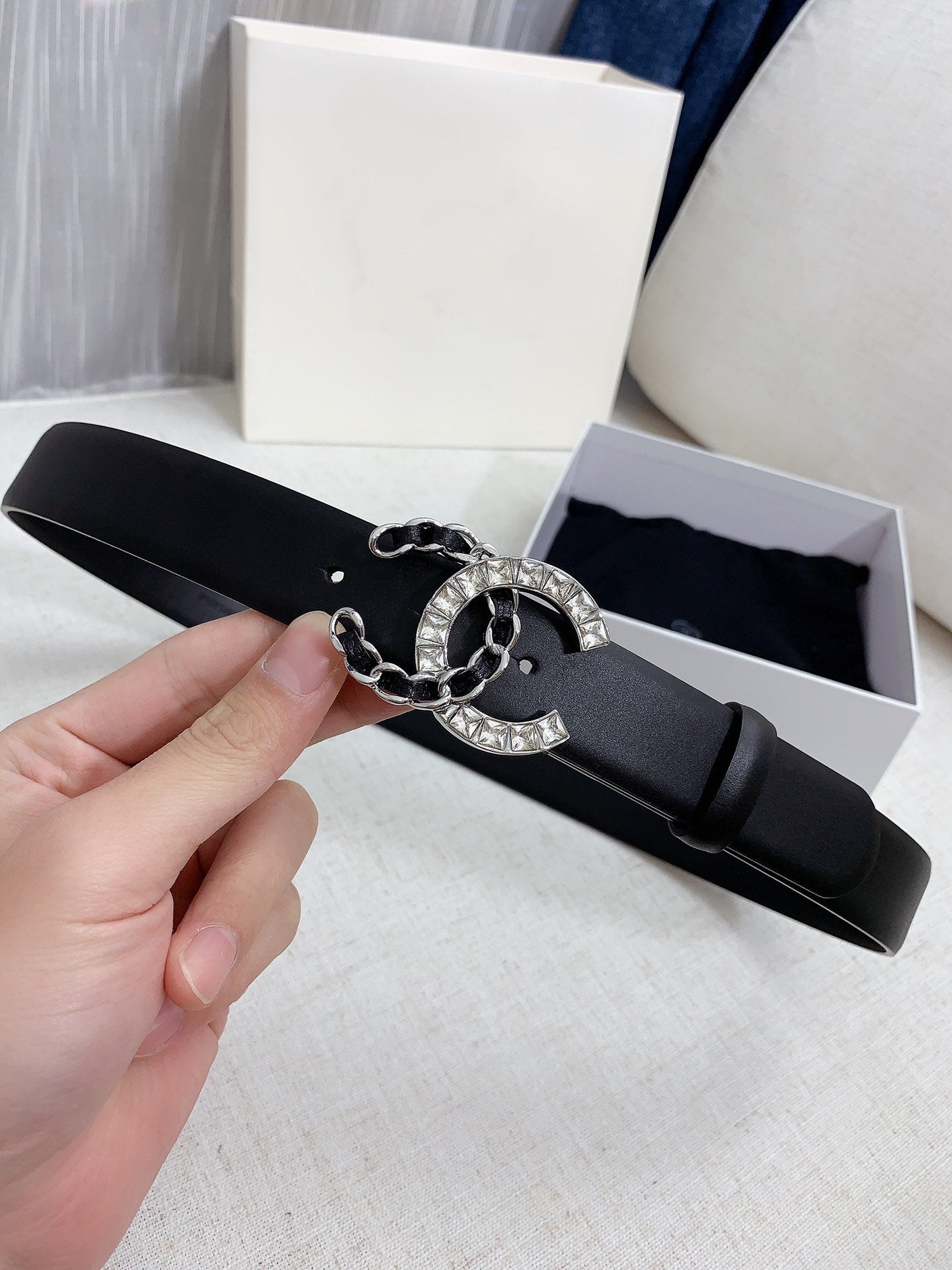 CC WOMEN'S BELT 30MM LEATHER BLACK BUCKLE SILVER BLACK DIAMOND