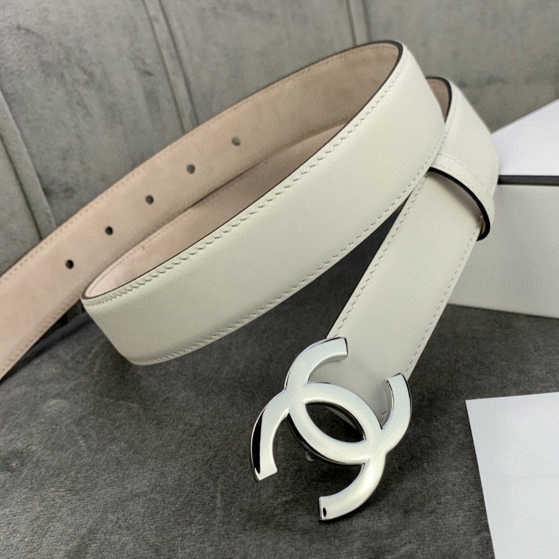 CC WOMEN'S BELT 3.0CM LEATHER WHITE BUCKLE SILVER