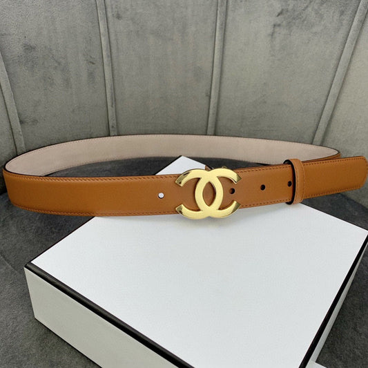 CC WOMEN'S BELT 3.0CM LEATHER LIGHT BROWN BUCKLE GOLD