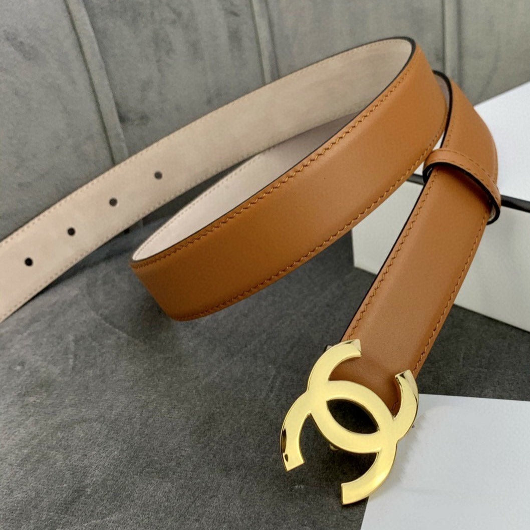 CC WOMEN'S BELT 3.0CM LEATHER LIGHT BROWN BUCKLE GOLD