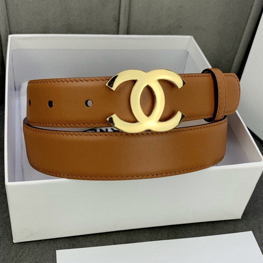 CC WOMEN'S BELT 3.0CM LEATHER LIGHT BROWN BUCKLE GOLD