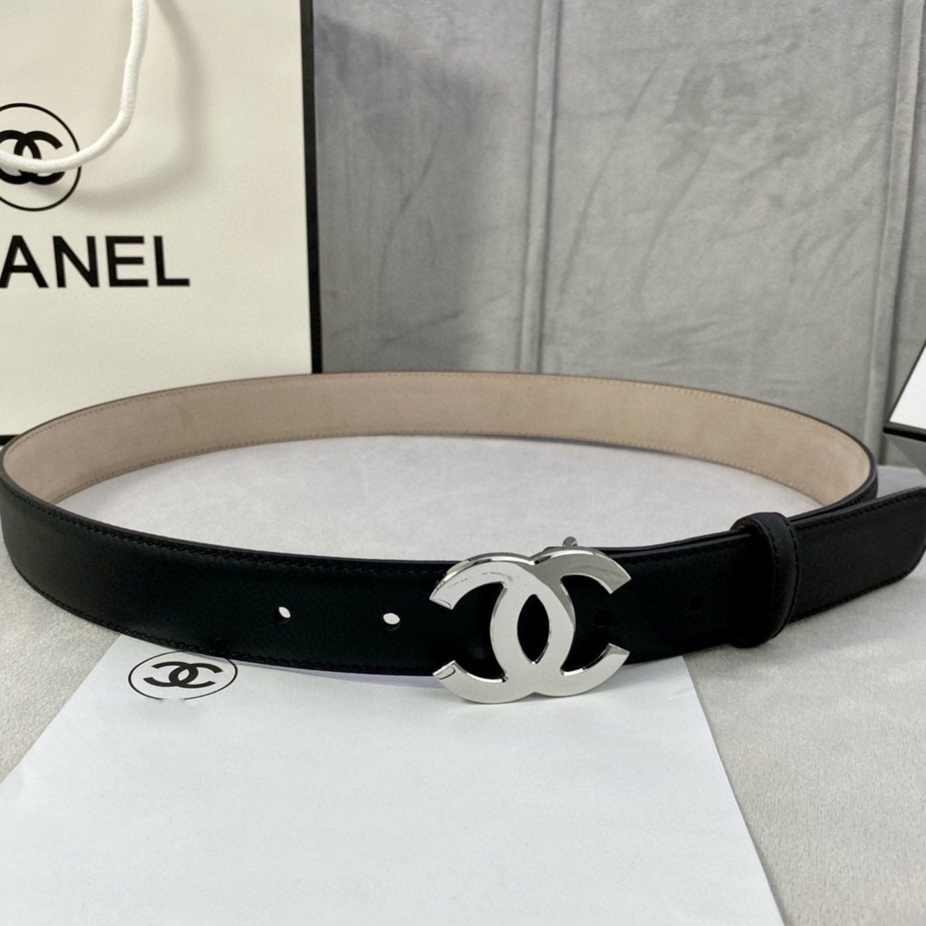 CC WOMEN'S BELT 3.0CM LEATHER BLACK BUCKLE SILVER