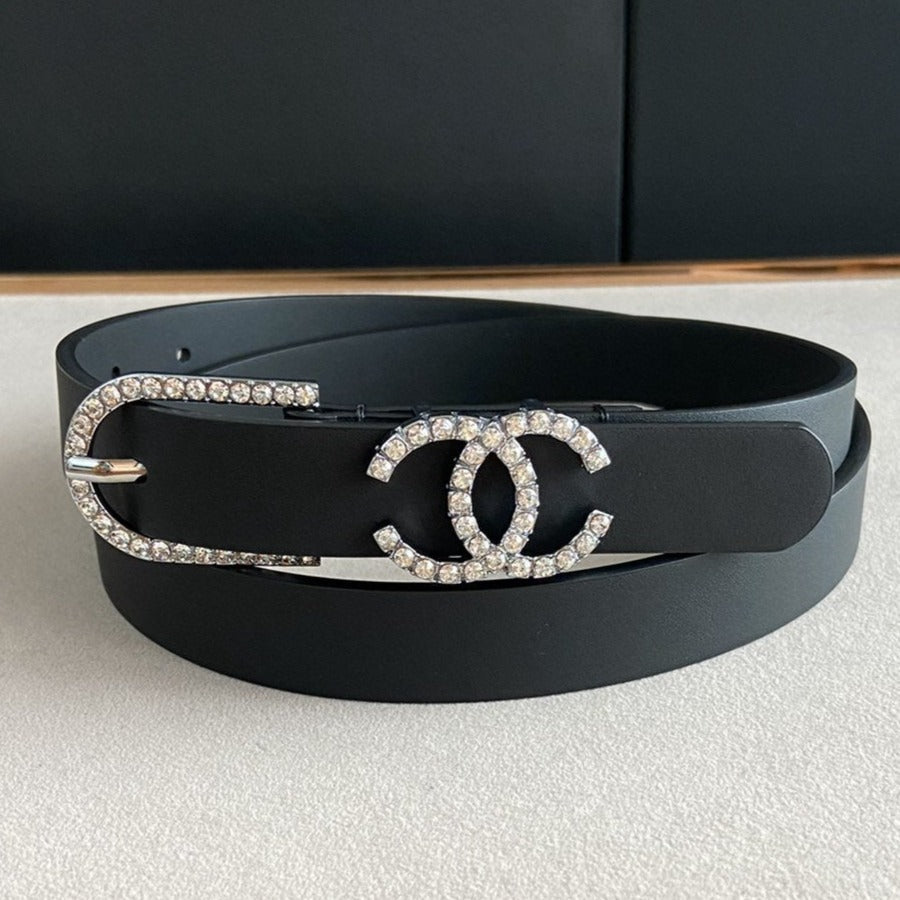 CC BELT 2.0CM BUCKLE SILVER DIAMOND LEATHER BLACK