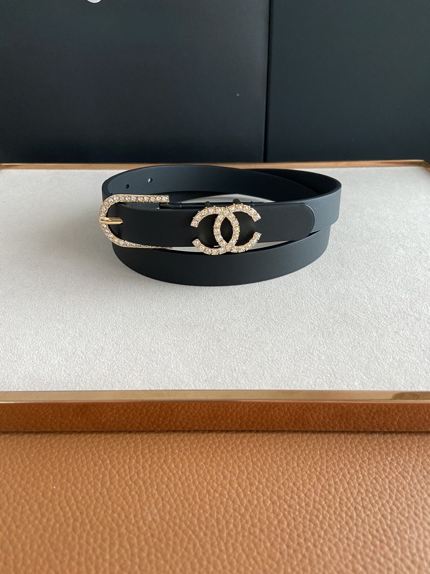 CC BELT 2.0CM BUCKLE GOLD DIAMOND LEATHER BLACK