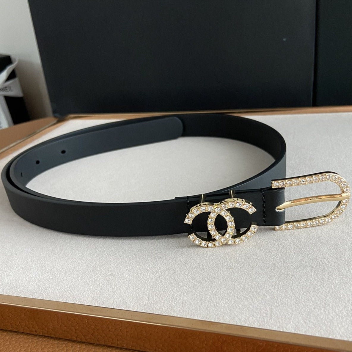 CC BELT 2.0CM BUCKLE GOLD DIAMOND LEATHER BLACK