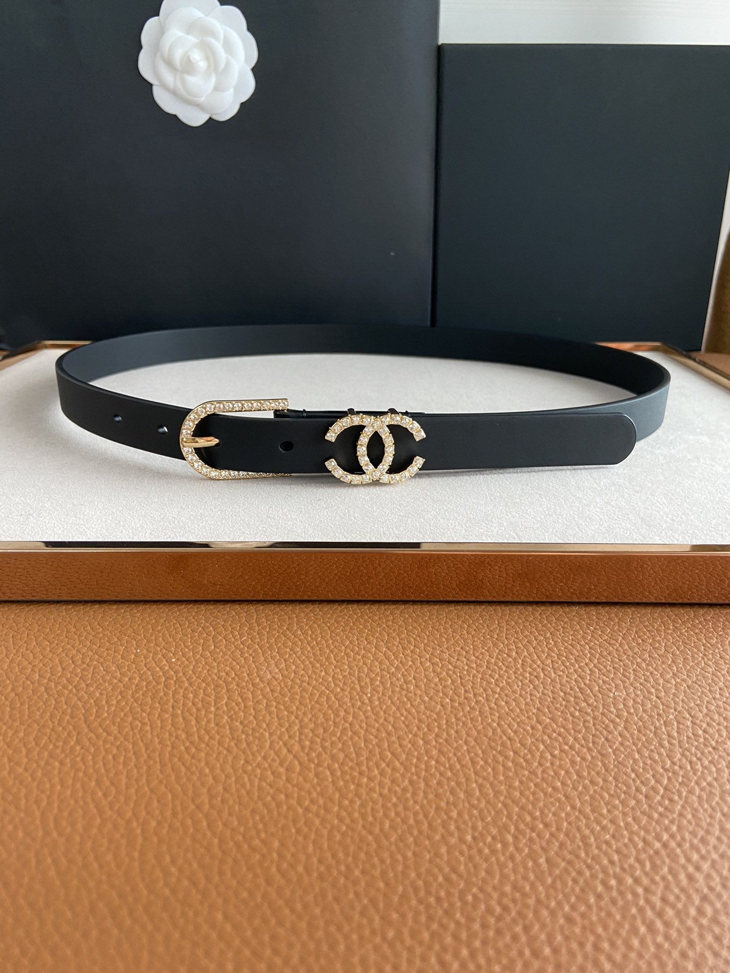 CC BELT 2.0CM BUCKLE GOLD DIAMOND LEATHER BLACK