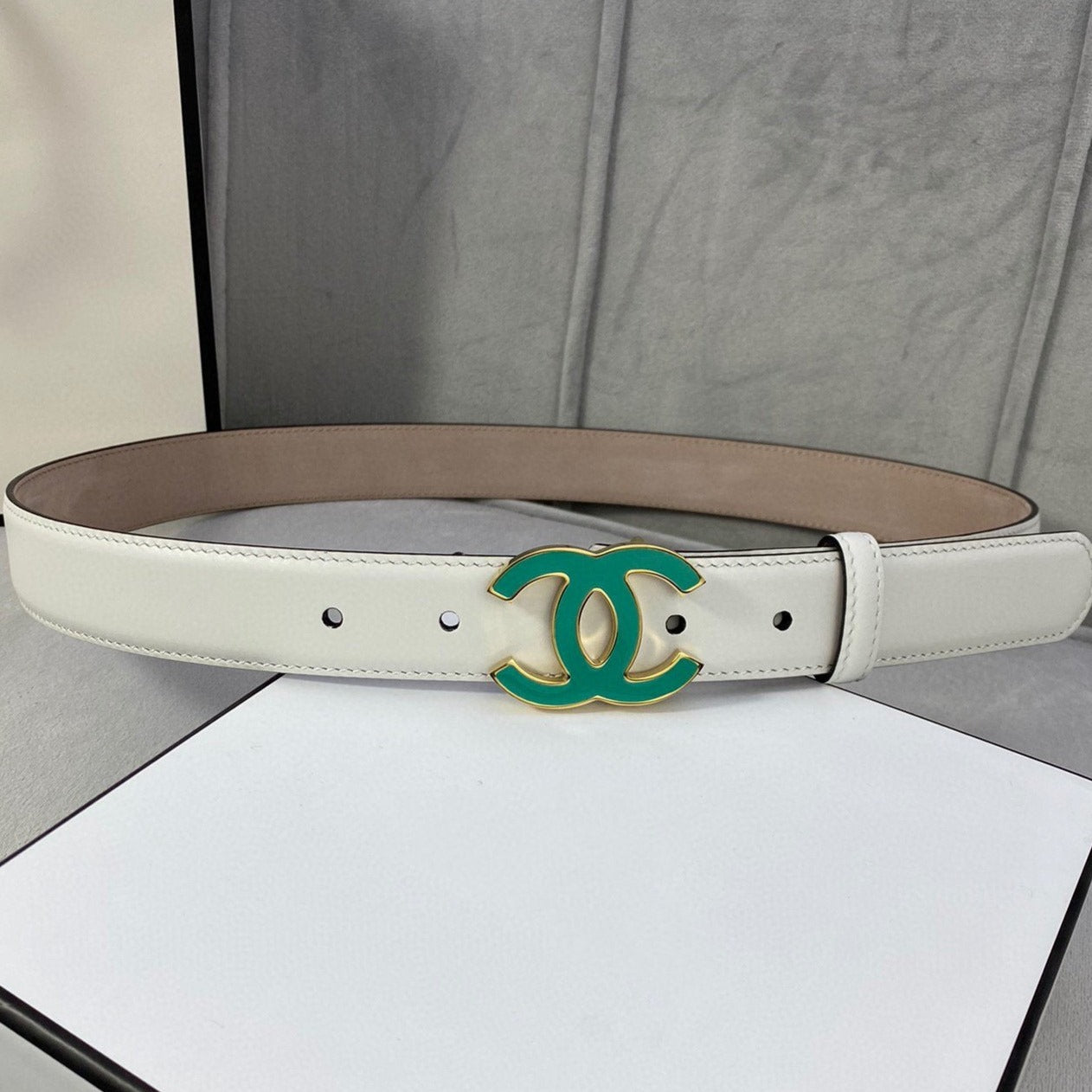 CC BELT 3.0CM BUCKLE BLUE LEATHER WHITE