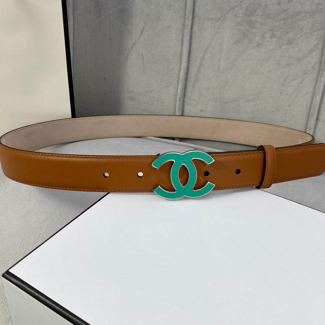 CC BELT 3.0CM BUCKLE BLUE LEATHER BROWN