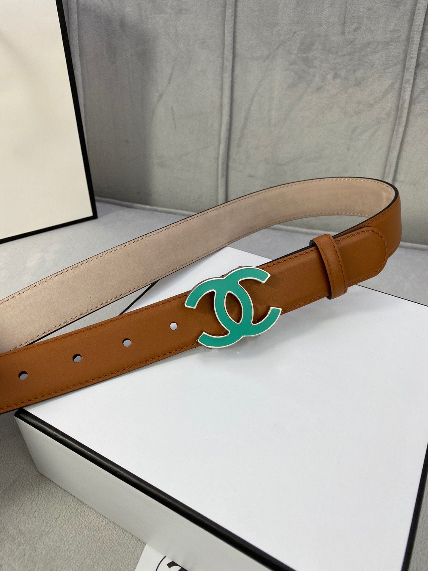 CC BELT 3.0CM BUCKLE BLUE LEATHER BROWN