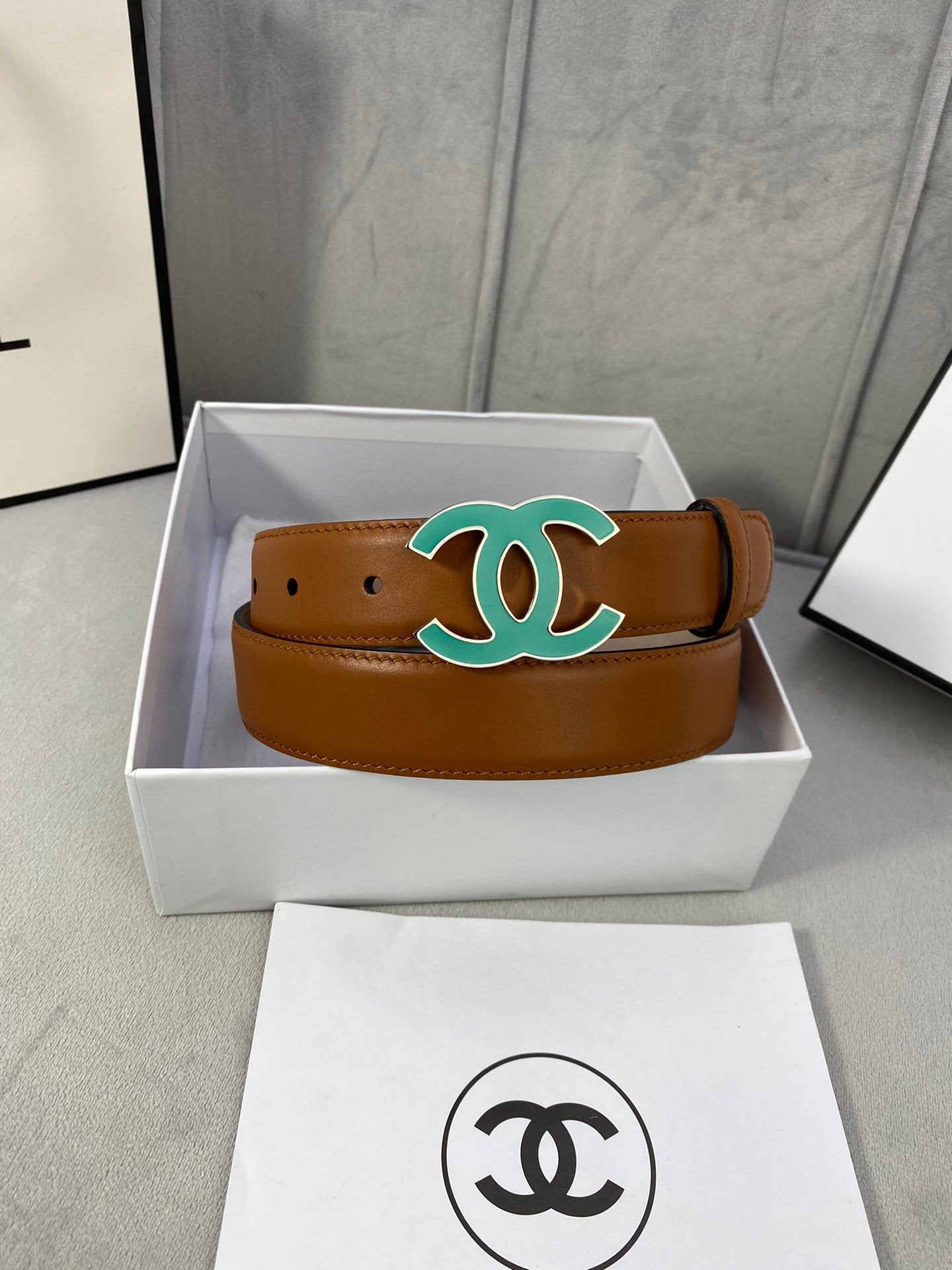 CC BELT 3.0CM BUCKLE BLUE LEATHER BROWN