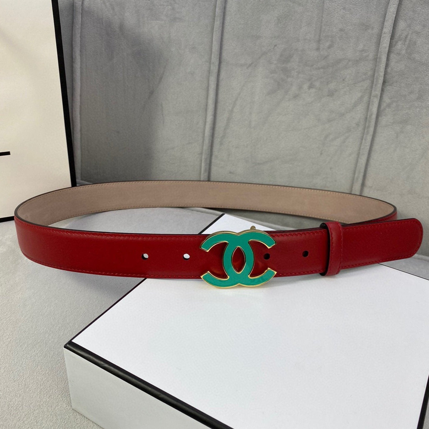 CC BELT 3.0CM BUCKLE BLUE LEATHER RED