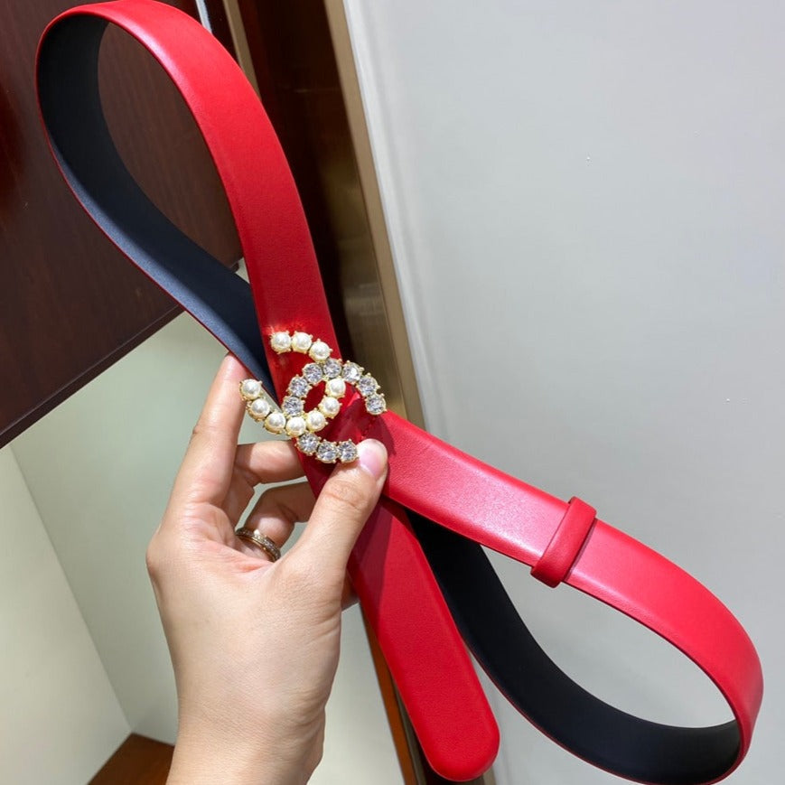 CC BELT 3.0CM LEATHER RED BUCKLE GOLD PEARL DIAMOND