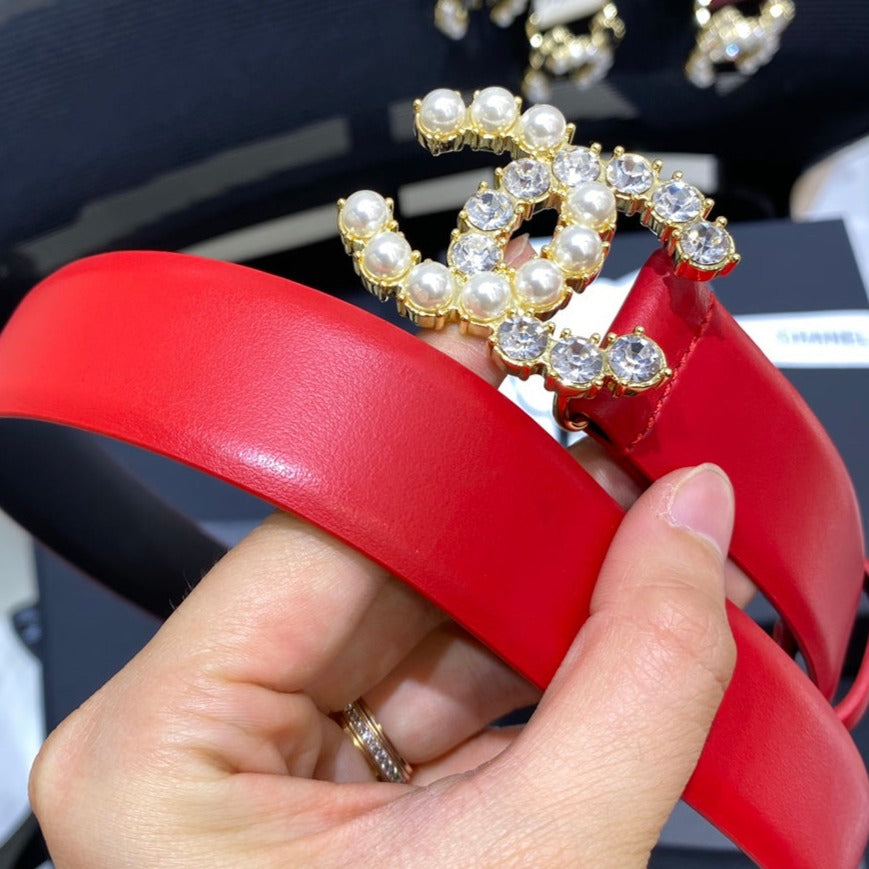 CC BELT 3.0CM LEATHER RED BUCKLE GOLD PEARL DIAMOND