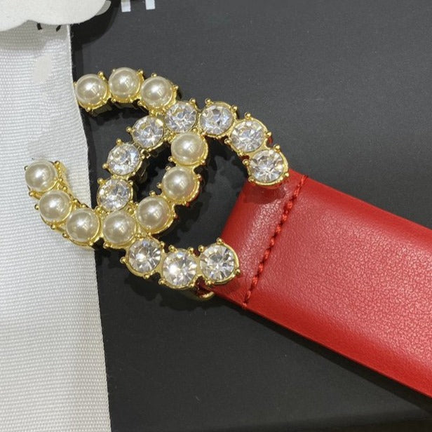 CC BELT 3.0CM LEATHER RED BUCKLE GOLD PEARL DIAMOND