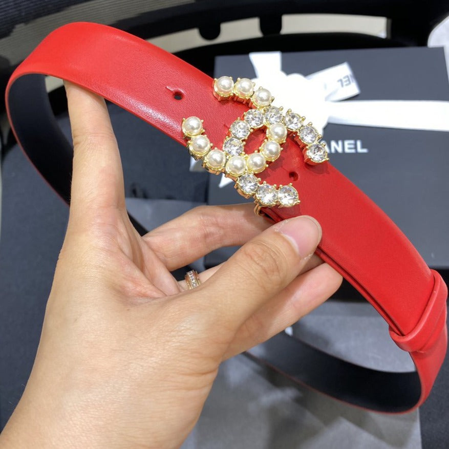 CC BELT 3.0CM LEATHER RED BUCKLE GOLD PEARL DIAMOND