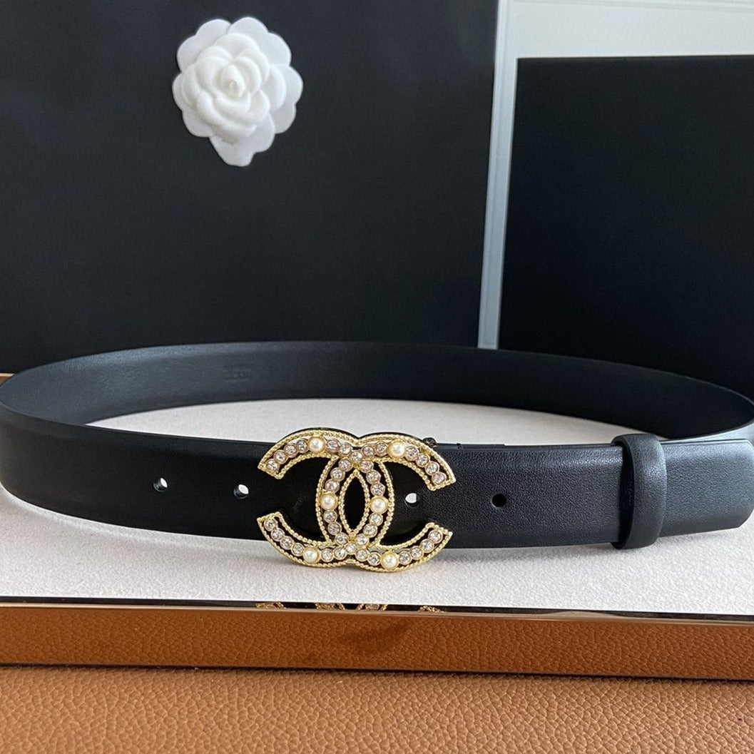 CC BELT 30MM BUCKLE GOLD PEARL DIAMOND LEATHER BLACK