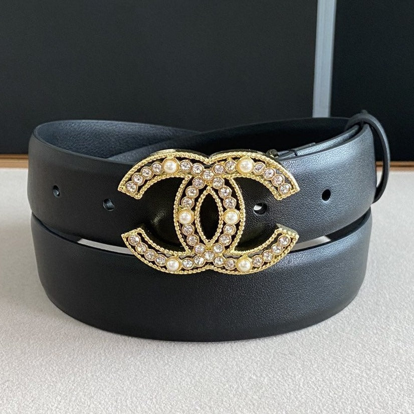 CC BELT 30MM BUCKLE GOLD PEARL DIAMOND LEATHER BLACK