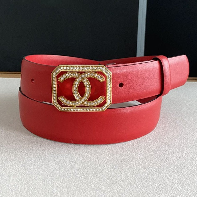 CC BELT 30MM BUCKLE GOLD DIAMOND LEATHER RED