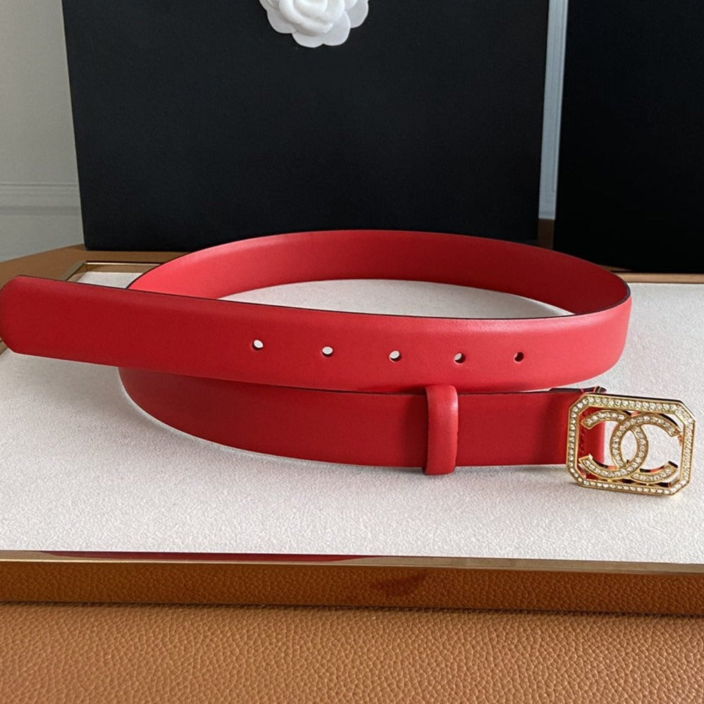 CC BELT 30MM BUCKLE GOLD DIAMOND LEATHER RED