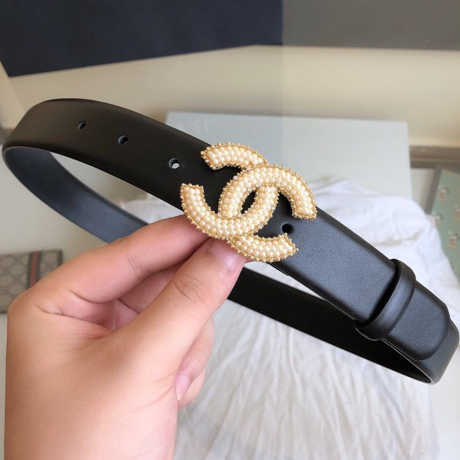 CC BELT 30MM BUCKLE GOLD PEARL LEATHER BLACK