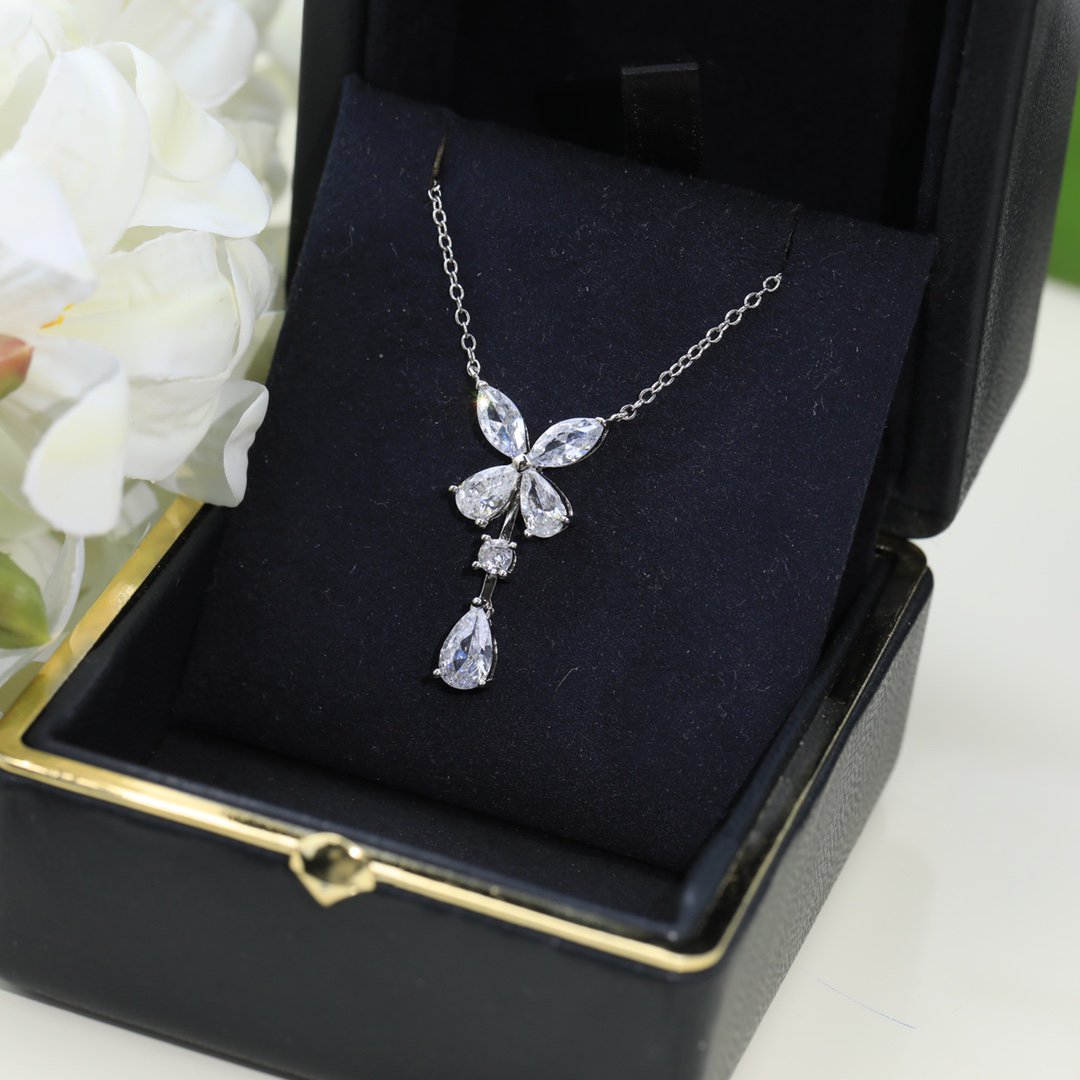 BUTTERFLY PEAR SHAPE CLASSIC SILVER DIAMOND DROP NECKLACE