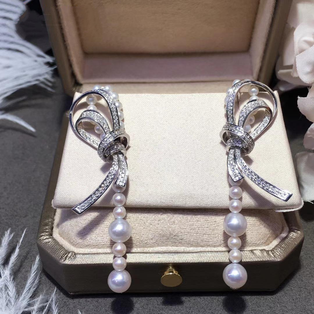 RUBAN EARRINGS SILVER DIAMOND PEARL