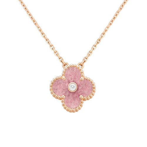 CLOVER RHODONITE 1 DIAMOND PINK GOLD NECKLACE