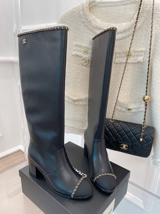 CC High Boots Black Calfskin Leather Chain