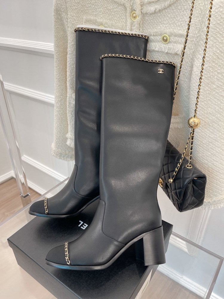 CC High Boots Black Calfskin Leather Chain