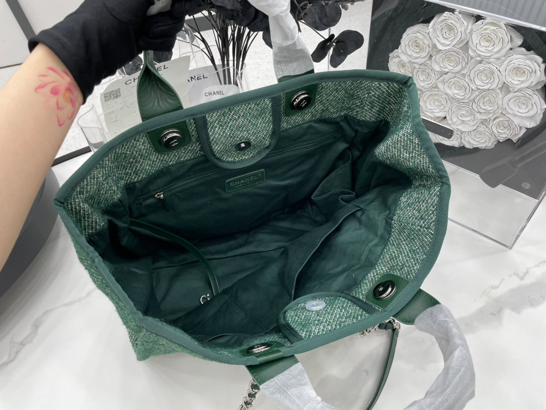 CC Deauville Tweed Bag Green Leather Silver Hardware 10