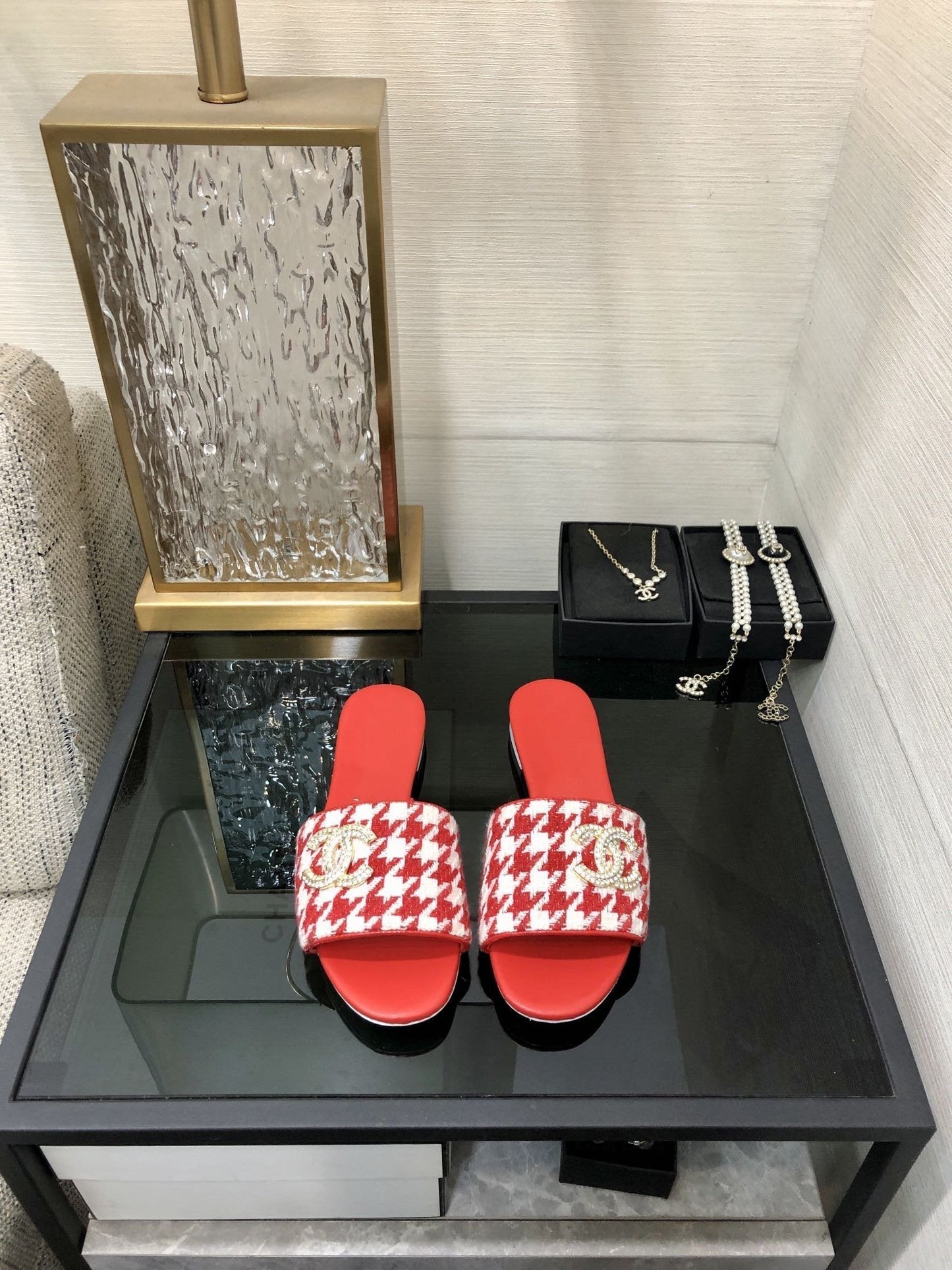 mule sandal red white houndstooth fabric